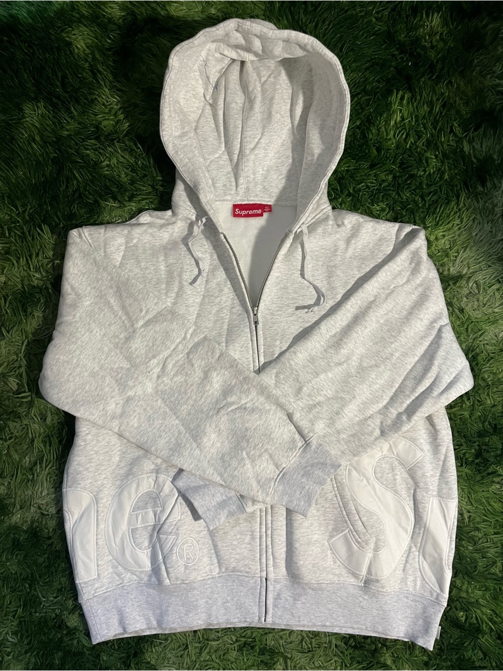 Supreme Light Gray big logo full Zip-Up Hoodie Sweatshirt